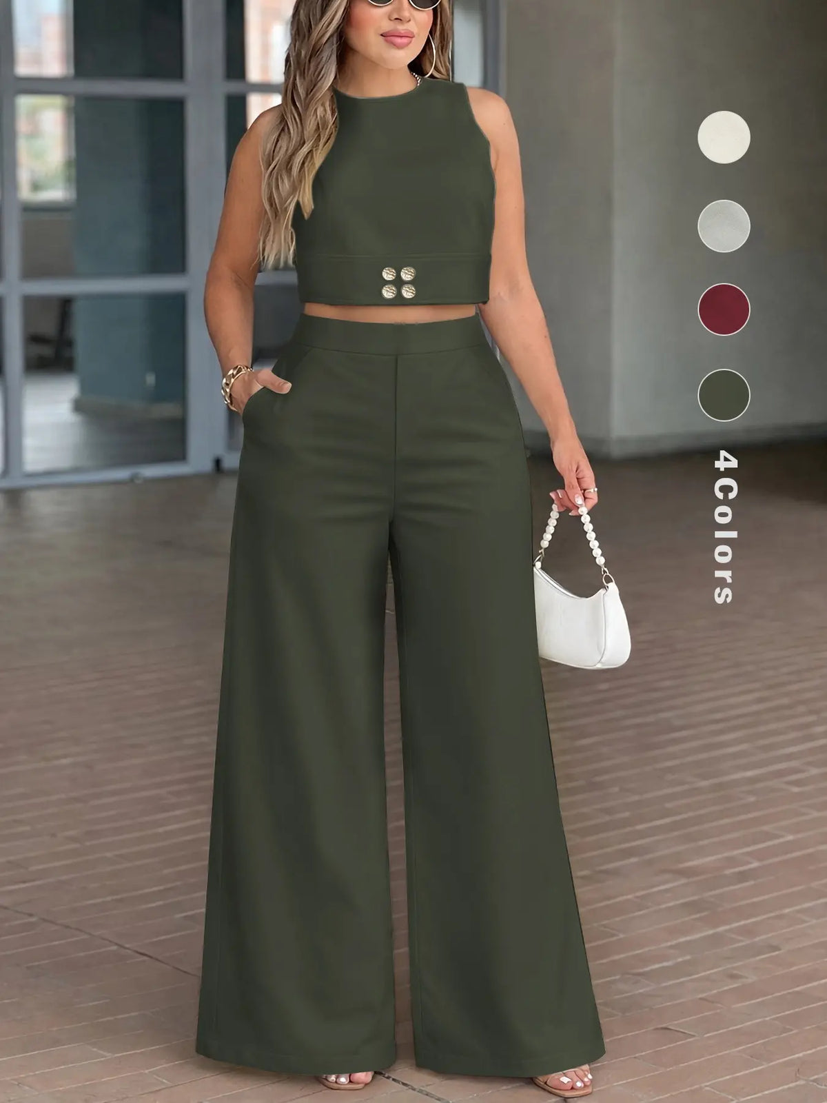 Spring Summer Womenswear Clothes Two Piece Set for Women, Cropped Sleeveless Top and High Waist Wide Leg Pants with, Chic Casual Outfit for Vacation, Brunch and Day to Night Wear, Trousers Set