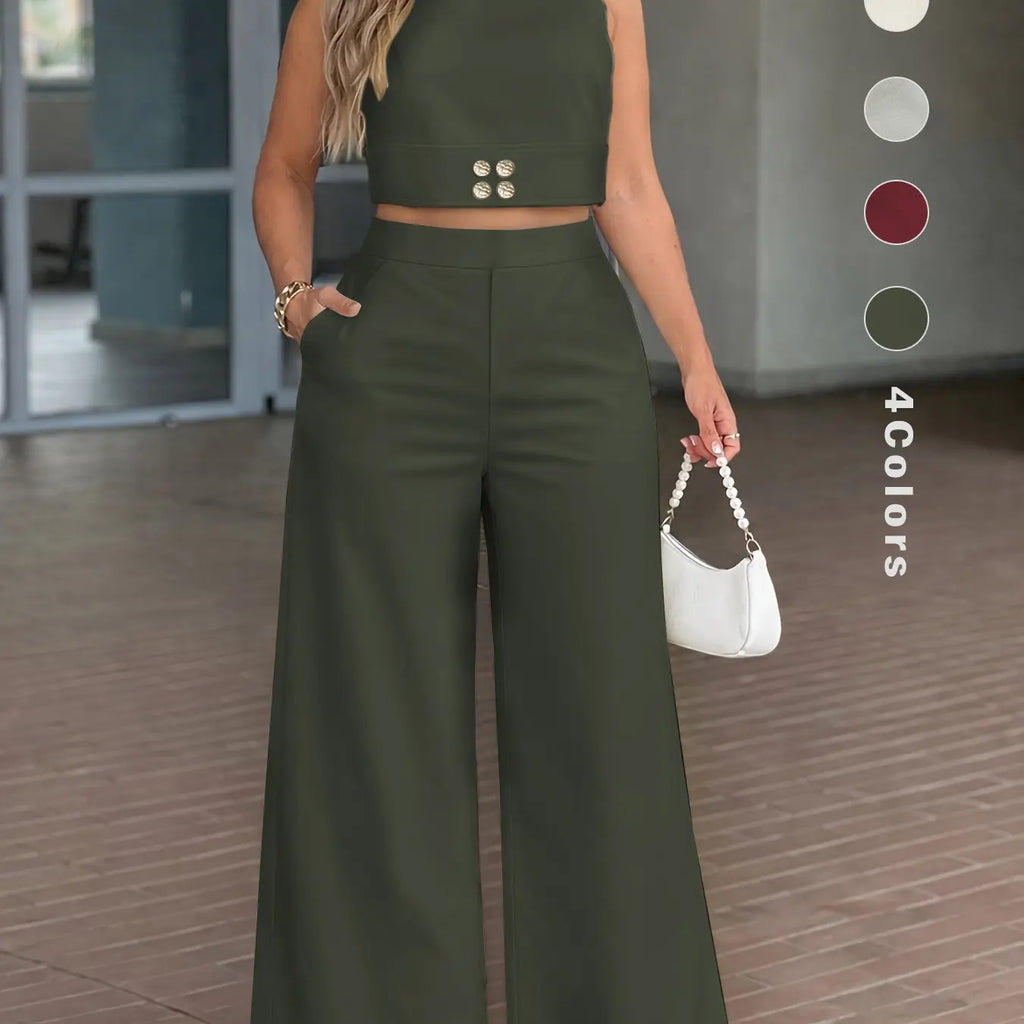 Spring Summer Womenswear Clothes Two Piece Set for Women, Cropped Sleeveless Top and High Waist Wide Leg Pants with, Chic Casual Outfit for Vacation, Brunch and Day to Night Wear, Trousers Set