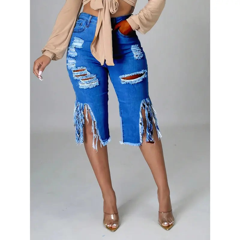 Ripped Denim Shorts Stretch High Waist Trendy Women Distressed Fringe Casual Summer Fashion Must Have