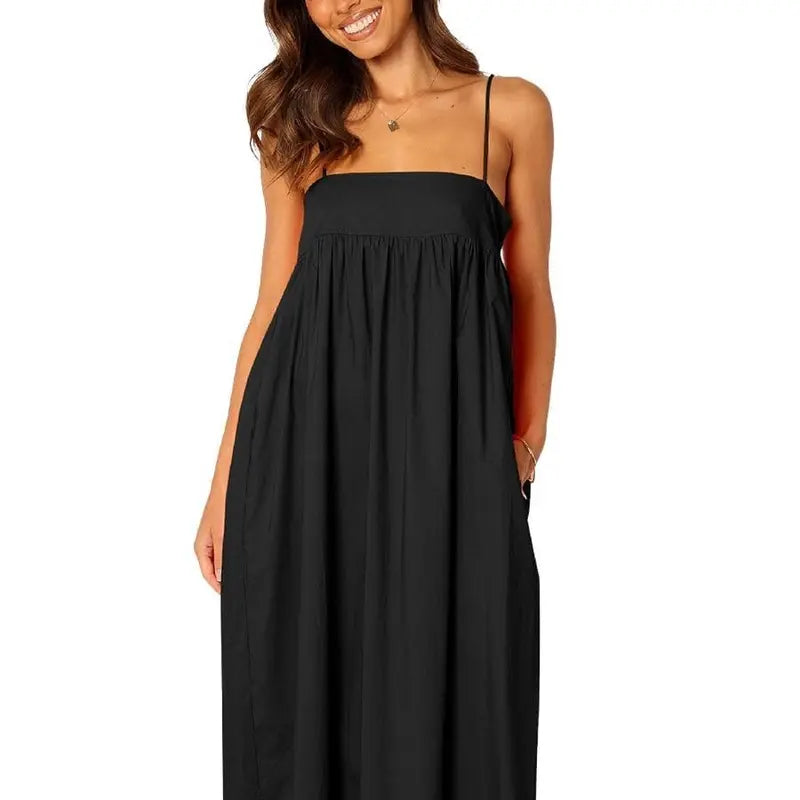 Ebossy Women's Square Neck Sleeveless Backless Tie-Back Spaghetti Strap Casual Loose Cutout Ankle-Length Sundress with Side Pockets, Pink - Women's Dresses, Machine Washable, Outdoor & Evening Ready, Fashion Apparel - Check Size Chart