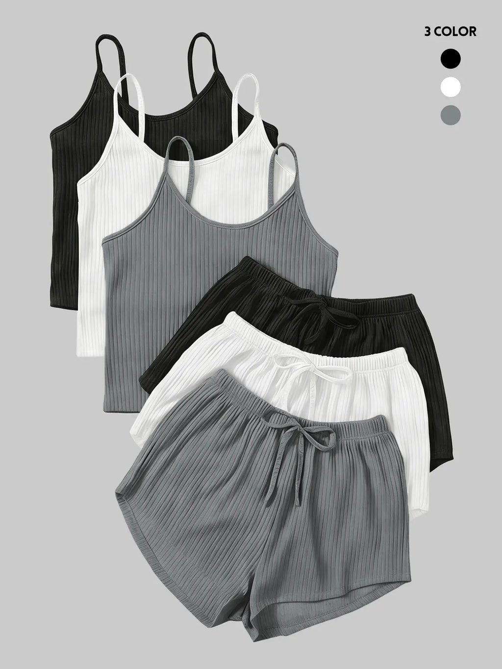 Six-Piece Set Women's Basic Plain Fitted Ribbed Shorts Set, Casual Feminine Soft Spaghetti Strap Cami Top & Elastic Waist Shorts Set, Summer Clothes, Cute Summer Outfit for Outdoor Holiday