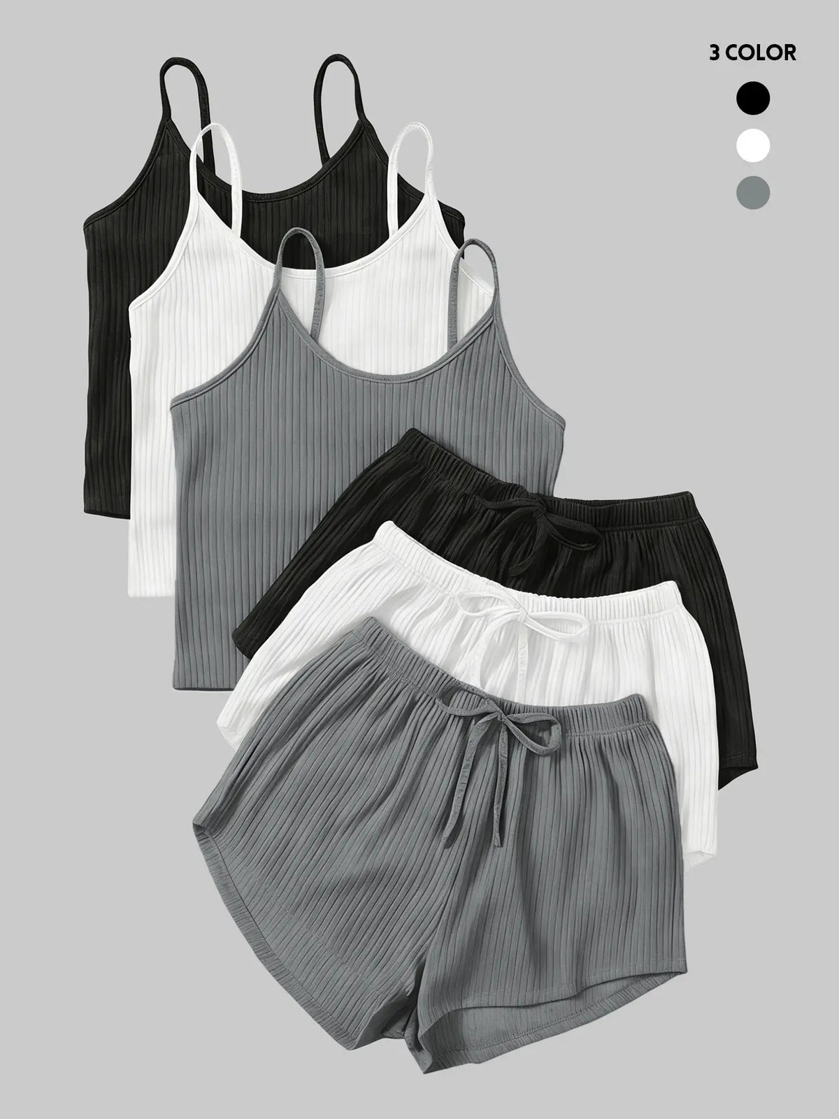 Six-Piece Set Women's Basic Plain Fitted Ribbed Shorts Set, Casual Feminine Soft Spaghetti Strap Cami Top & Elastic Waist Shorts Set, Summer Clothes, Cute Summer Outfit for Outdoor Holiday