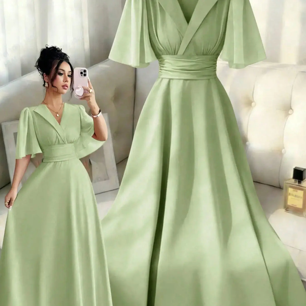 New Women's Lapel Neckline Dress, Waist Ruched Back Tie Chiffon Patchwork, Peplum Sleeves Design, Casual Elegant Summer Dress, Casual Summer Dresses