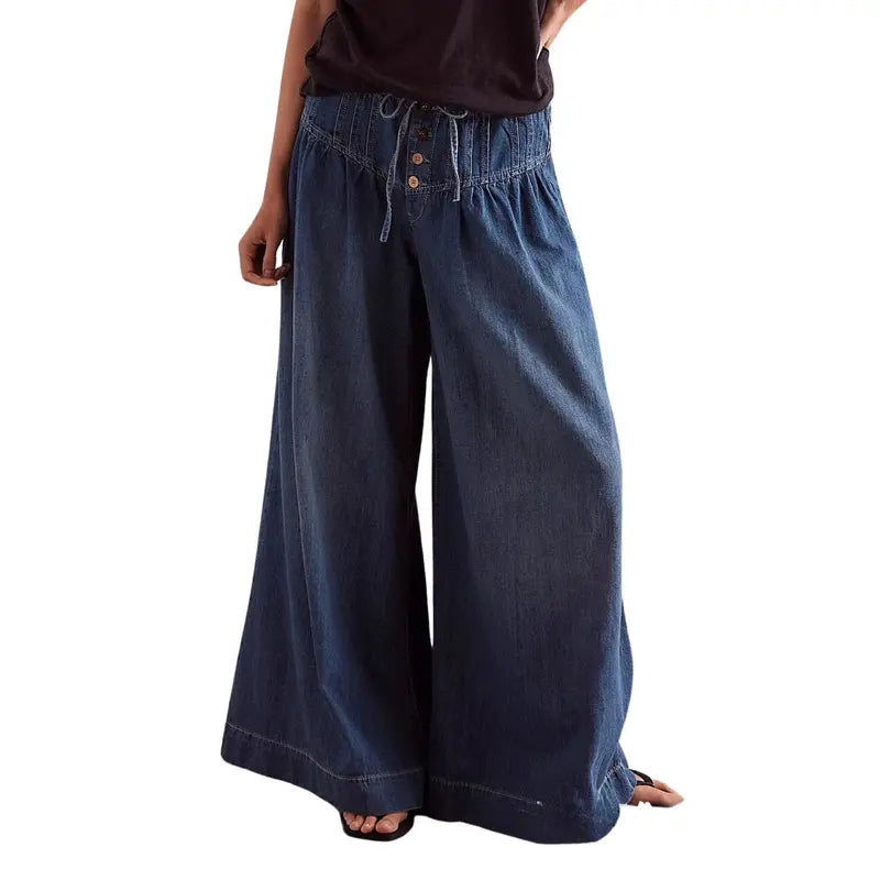 CHOUYATOU Women's Mid-Rise Baggy Flared Denim Pants, Streetwear Style with Pleated Ruffles and Elastic Drawstring Waist, Baggy Jeans