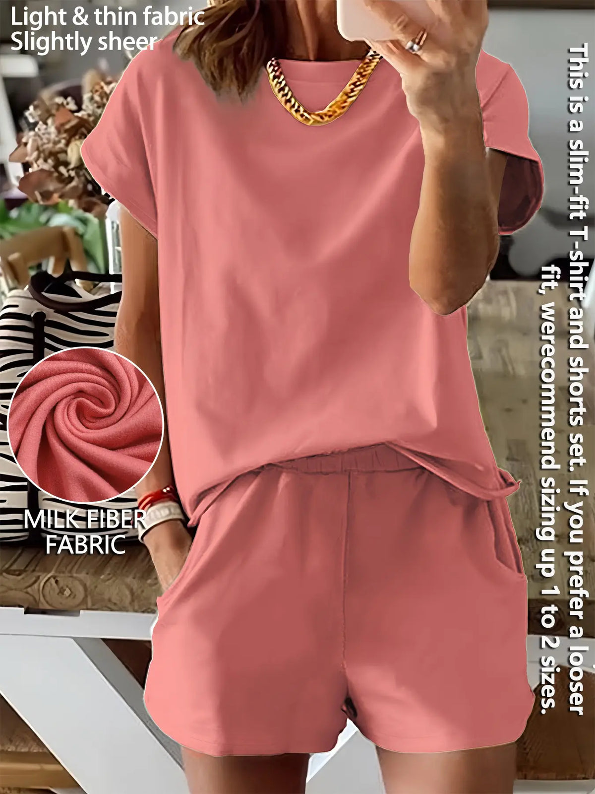Women's Summer Short Sleeve Plain Basic Fitted Set Outfit Suits Womenswear Style, Slim-Fit Natural Waist Design Shorts & Tops, Perfect for Casual Wear