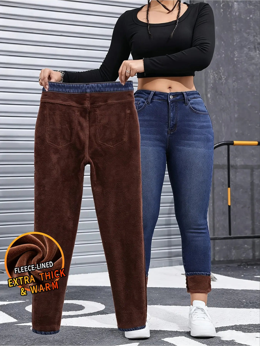 Women's Basic Chic Fleece-Lined Thermal High Waist Jeans, Slim-Fit Woven Denim Pants for Fall & Winter, Chic Bottoms, Trouser