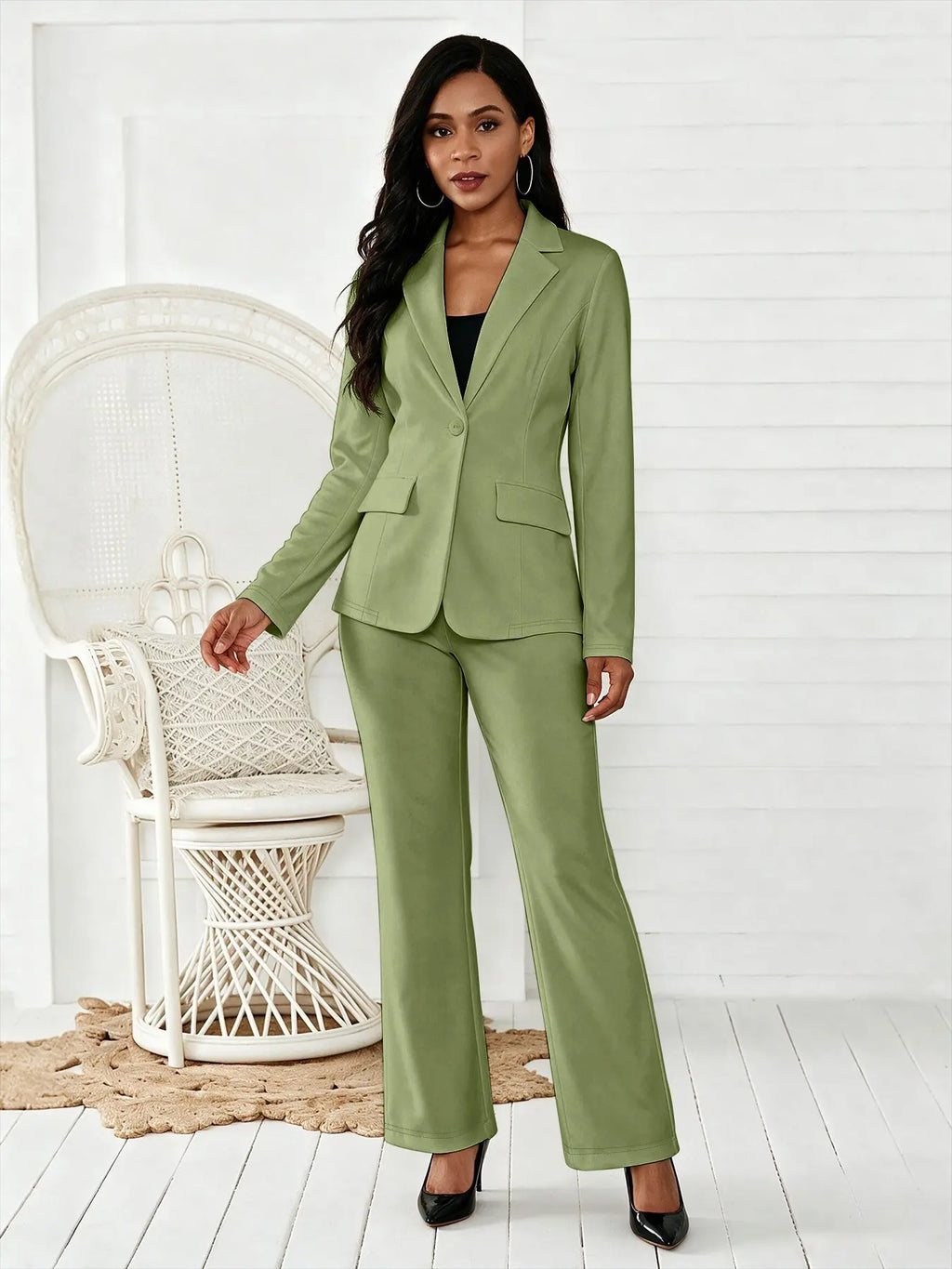 Women's Two-Piece Matching Set, Pants Set Outfit, Plain Button Lapel Fitted Blazer & Suit Pants, Business Casual Long Sleeve Outerwear & Trousers for Daily Outdoor Wear, All Seasons, Essential Business Attire, Work Casual Blazers, Corporate Attire