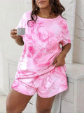 Women's Plus Size Casual Set, Spring Summer Loose Tie Dye Print Short Sleeve Round Neck Drop Shoulder Tee Top & Shorts Two-Piece Outfit Homewear Clothes