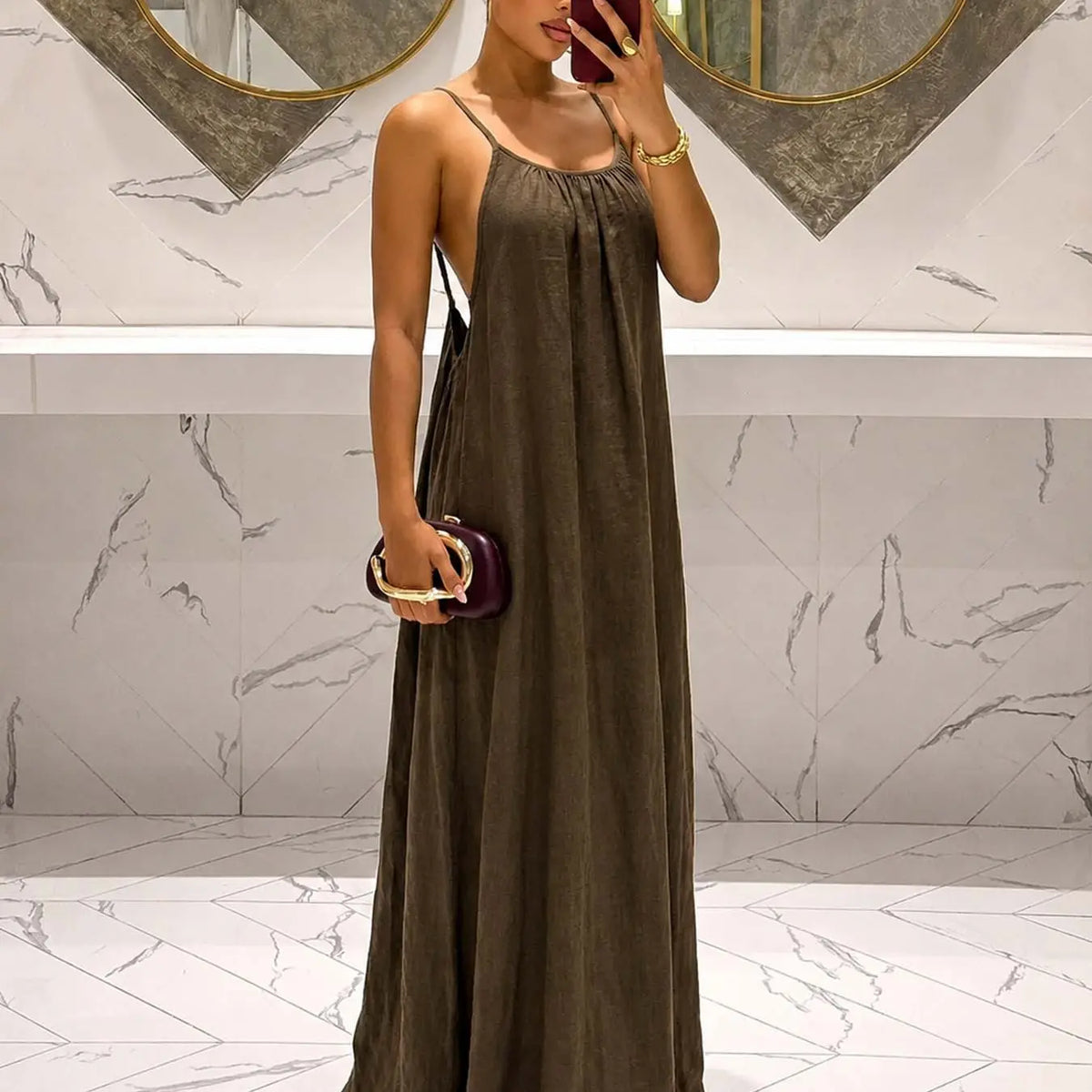 Women's Plain Ruched Pleated Backless Dress, Long Bohemian Style Fitted Sleeveless Party Gown for Spring & Fall, Elegant Casual Design, Perfect for Everyday Wear, Elegance, Basic