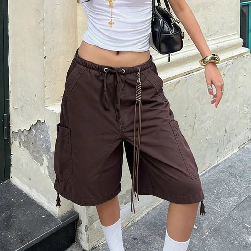 Women Fashion Denim Shorts Solid Color Six Pockets Drawstring Elastic Waist Jeans Shorts Summer Oversized Cargo Shorts