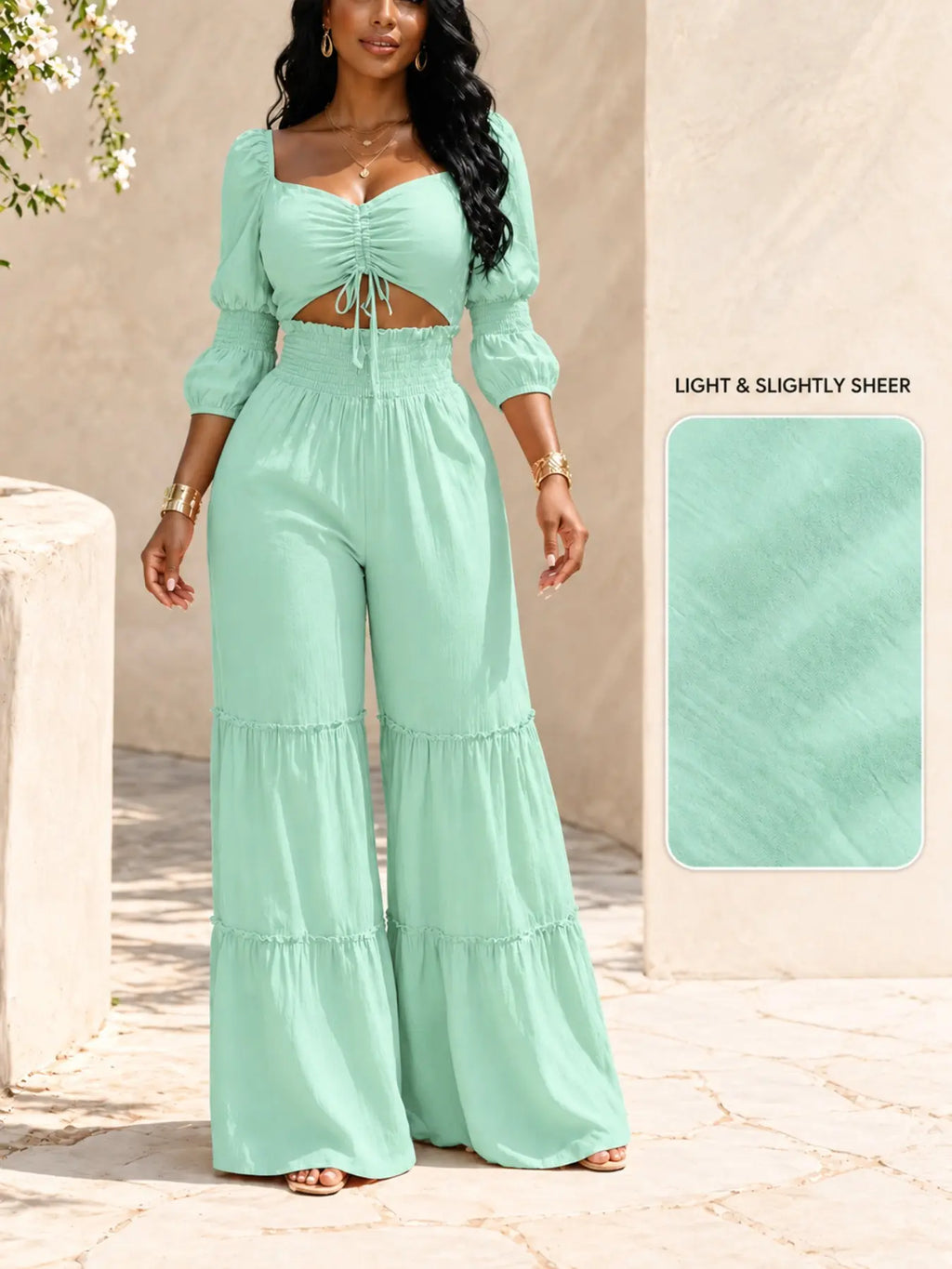 Women's Square Neck Two-Piece Set, Adjustable Drawstring Top and High Waist Wide Leg Pants, French Chic Elegant Style, Essential for Spring & Fall, Casual Chic Set