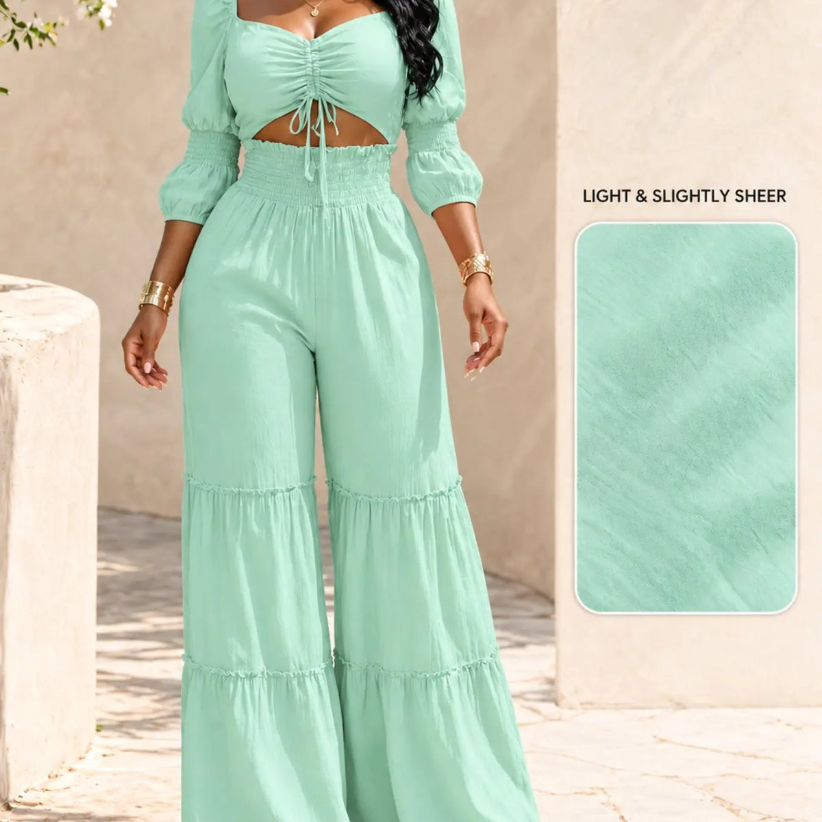Women's Square Neck Two-Piece Set, Adjustable Drawstring Top and High Waist Wide Leg Pants, French Chic Elegant Style, Essential for Spring & Fall, Casual Chic Set