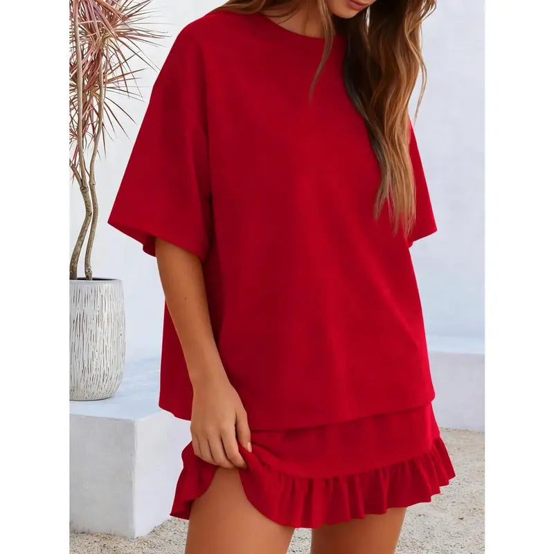 Yousify Women's 2-Piece Minimalist Basic Set - Half Sleeve Crew Neck Top & Casual Mini Skirt, Women's Clothes for Summer Vacation Loungewear, Easy Styling Casual Set
