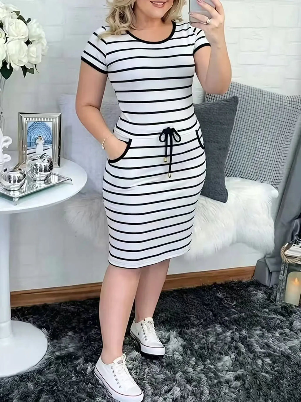 2026 New Casual Fit Double Pocket Lapel Button Plaid Drawstring Bodycon Dress, Stylish and Comfortable Design, Perfect for Daily Wear