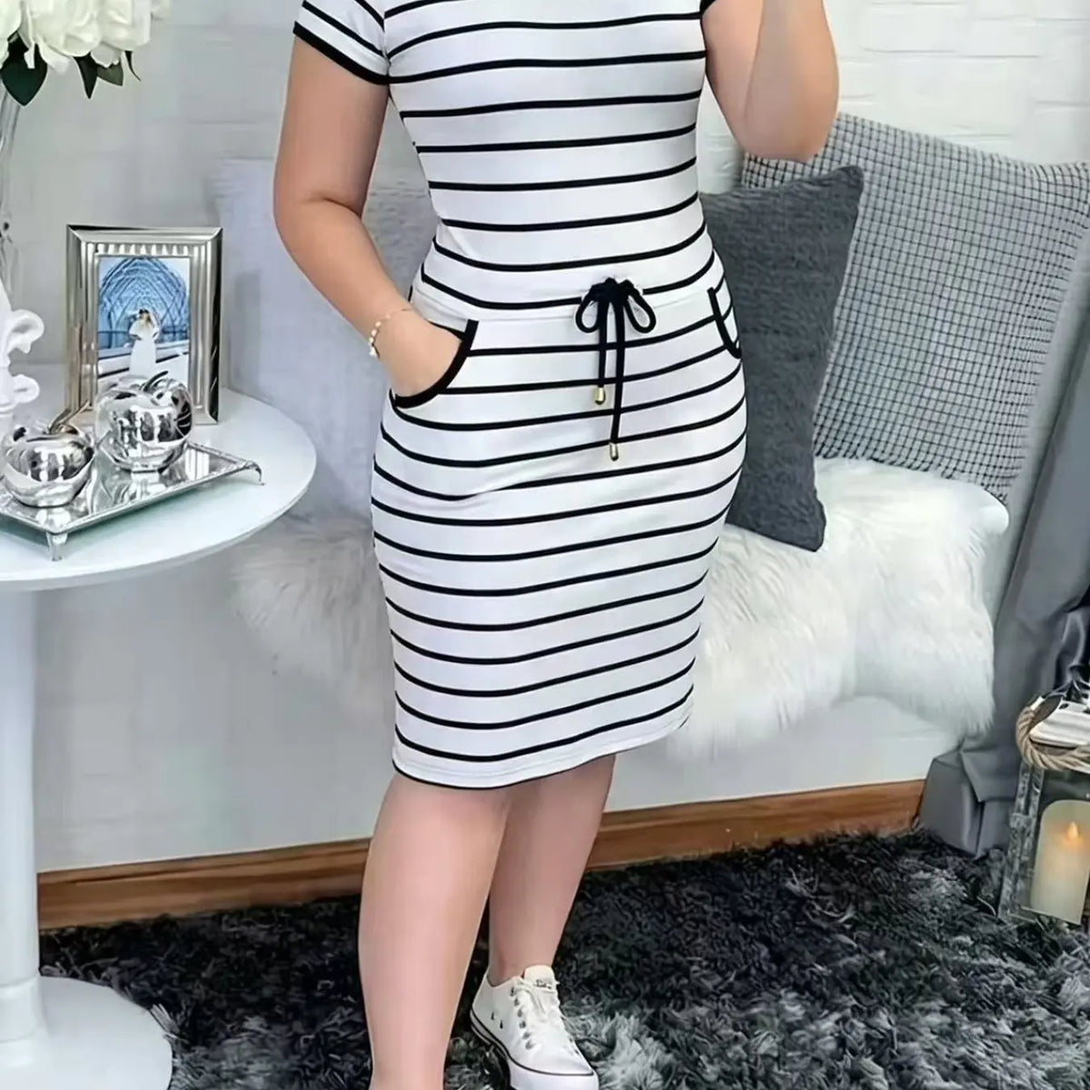 2026 New Casual Fit Double Pocket Lapel Button Plaid Drawstring Bodycon Dress, Stylish and Comfortable Design, Perfect for Daily Wear
