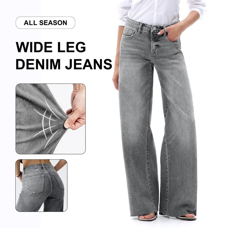 Freya ONESO Women Mid Rise High Stretchy BBL Jeans Butt Lifting Wide Leg Raw Hem Denim Pants Tummy Control Spring Basic Minimalist Woman Denim Bottom Comfortable Denim Jeans OSW8019 Plus Size Regular Size Fashion Daily Outfits DIY Inseams #SummerVibes