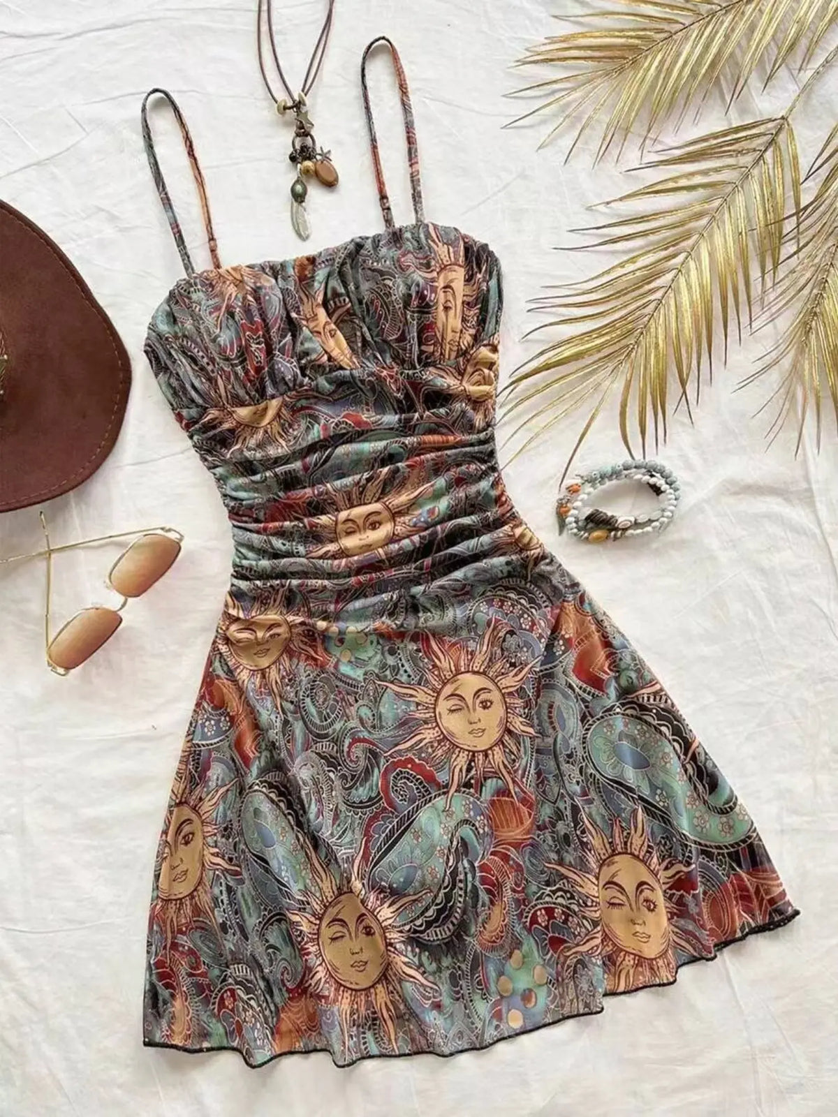 Women's Vintage Maple Leaf Print Floral Ruched Mini Dress Sleeveless, Retro Style Bohemian Dress, Perfect for Spring and Fall, Casual Stylish and Comfortable Dress, Boho Casual Fashion Dress #GLOBAL PICKS