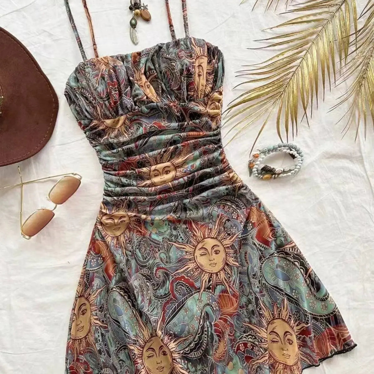 Women's Vintage Maple Leaf Print Floral Ruched Mini Dress Sleeveless, Retro Style Bohemian Dress, Perfect for Spring and Fall, Casual Stylish and Comfortable Dress, Boho Casual Fashion Dress #GLOBAL PICKS