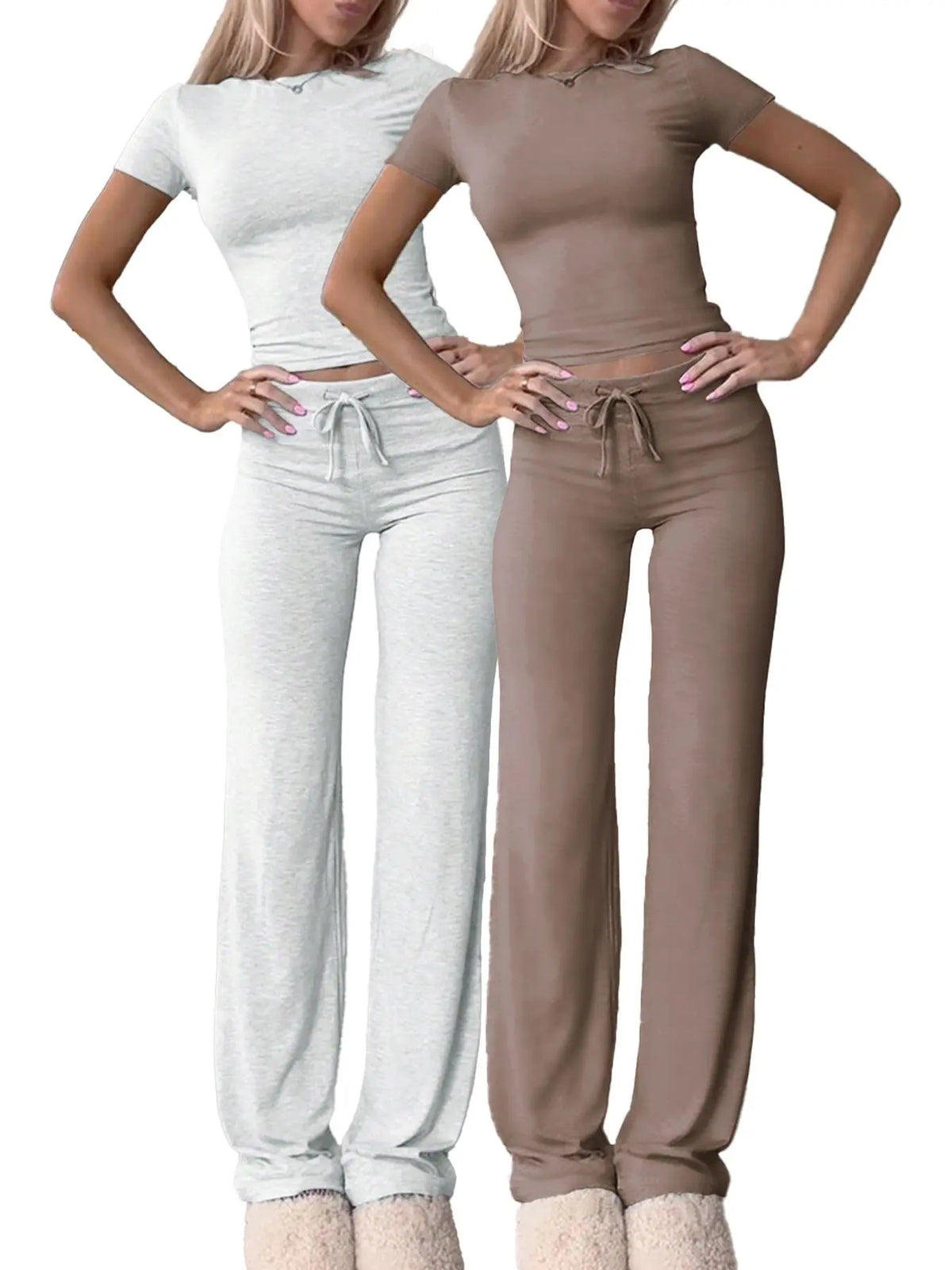 Women's Basic Minimalist Solid Short Sleeve Two-piece Set, Casual Round Neck Crop Tee & Drawstring High Waist Trousers for Daily Wear, Ladies Summer Clothes, Womenswear