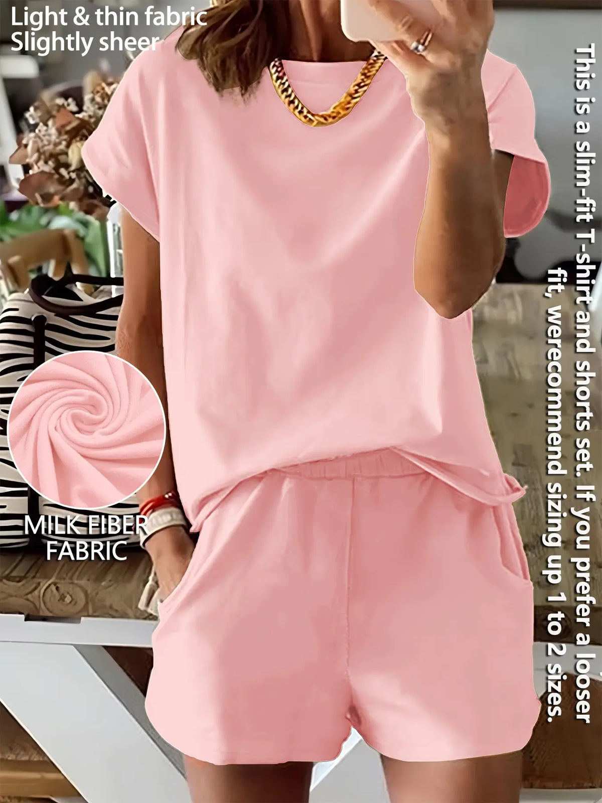 Women's Summer Short Sleeve Plain Basic Fitted Set Outfit Suits Womenswear Style, Slim-Fit Natural Waist Design Shorts & Tops, Perfect for Casual Wear