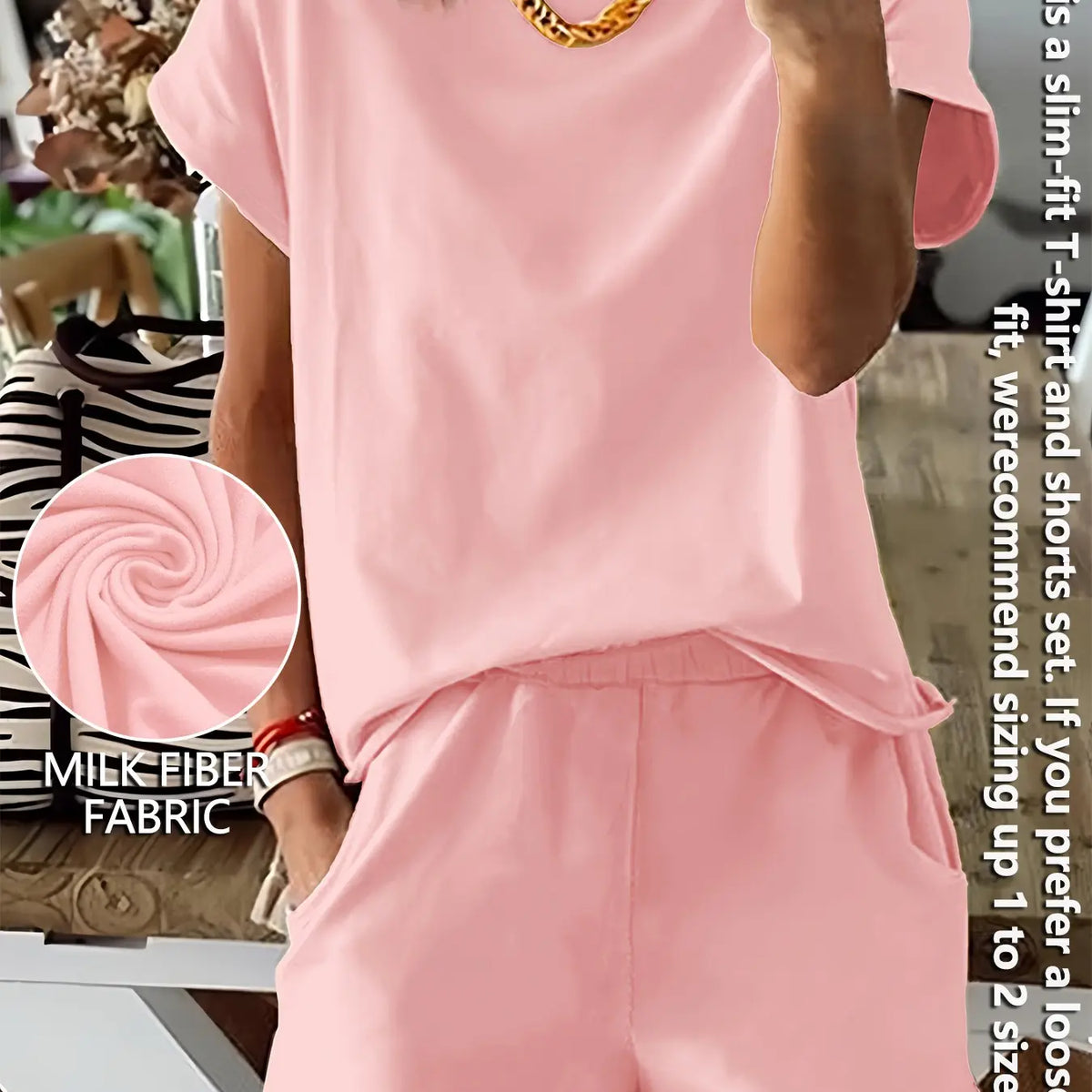 Women's Summer Short Sleeve Plain Basic Fitted Set Outfit Suits Womenswear Style, Slim-Fit Natural Waist Design Shorts & Tops, Perfect for Casual Wear