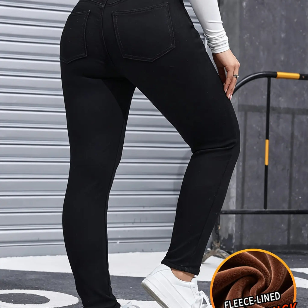Women's Basic Chic Fleece-Lined Thermal High Waist Jeans, Slim-Fit Woven Denim Pants for Fall & Winter, Chic Bottoms, Trouser