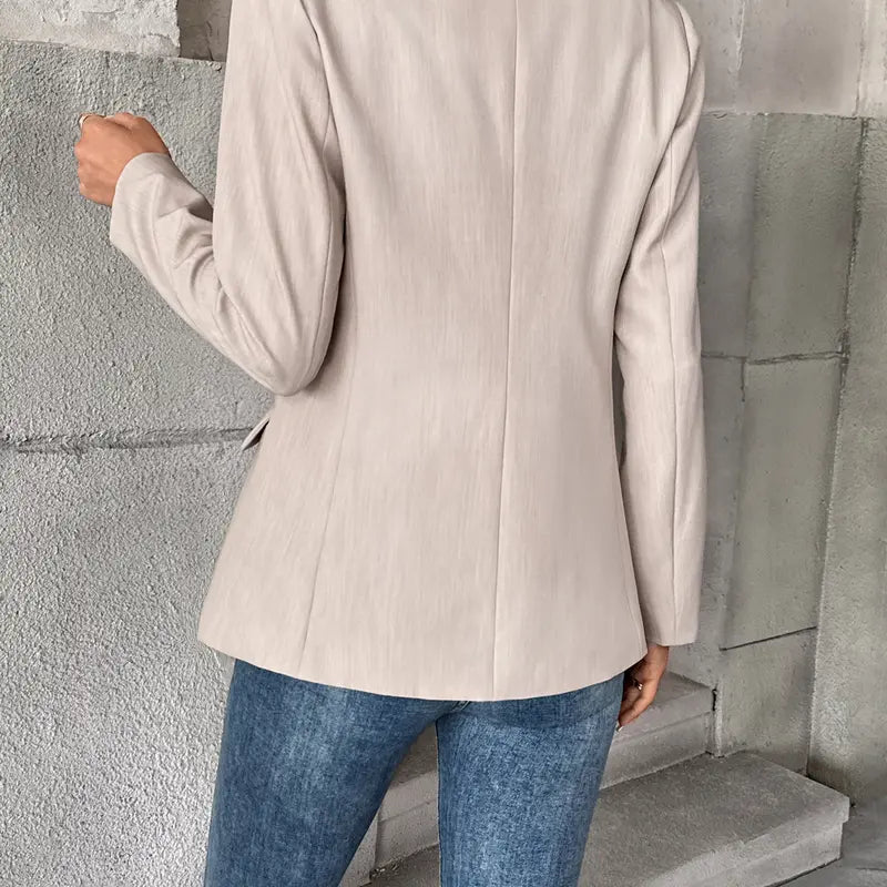 Women's Beige Business Casual Blazer Solid Color Work Jacket Lightweight Office Coat with Button Detail for Professional Spring Fall Outfits Chic Piece Collared Fitted Long Sleeve Minimalist Suits
