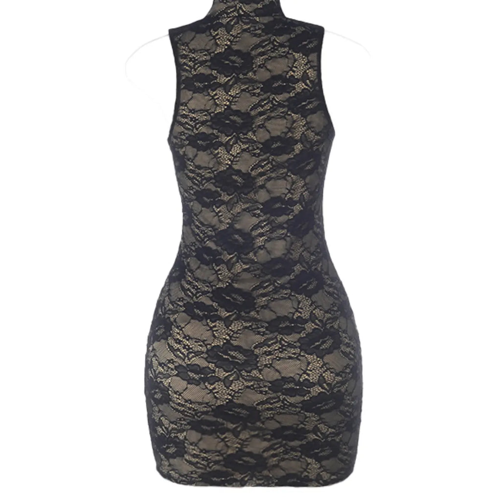 Women's Fashion Chic Elegant Fitted Lace Sleeveless Backless Cut Out Bodycon Mini Dress for Parties and Special Occasions