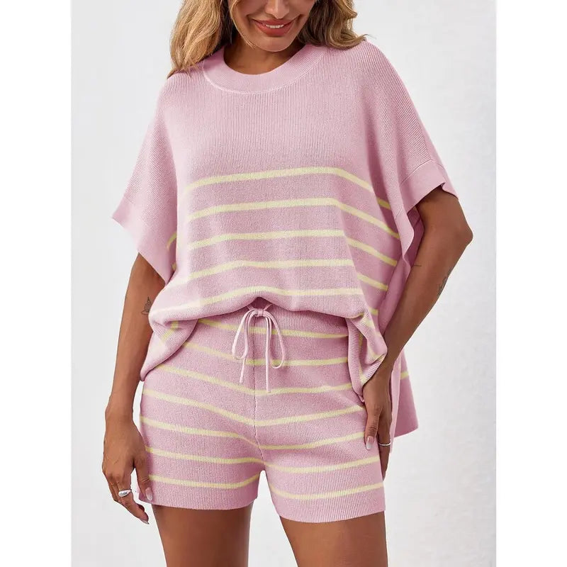 Imily Bela Women's Striped 2 Piece Outfits Oversized Batwing Short Sleeve Tops High Waisted Shorts Summer Knit Lounge Short Sets