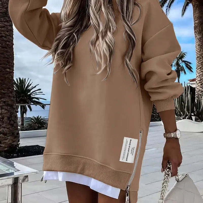 CHICME 2026 Women's Oversized Fall Long Sleeve Pullover Sweatshirt Zipper Slit Casual Dress Drop Shoulder Outfits, Dresses For Women, Women's Clothes