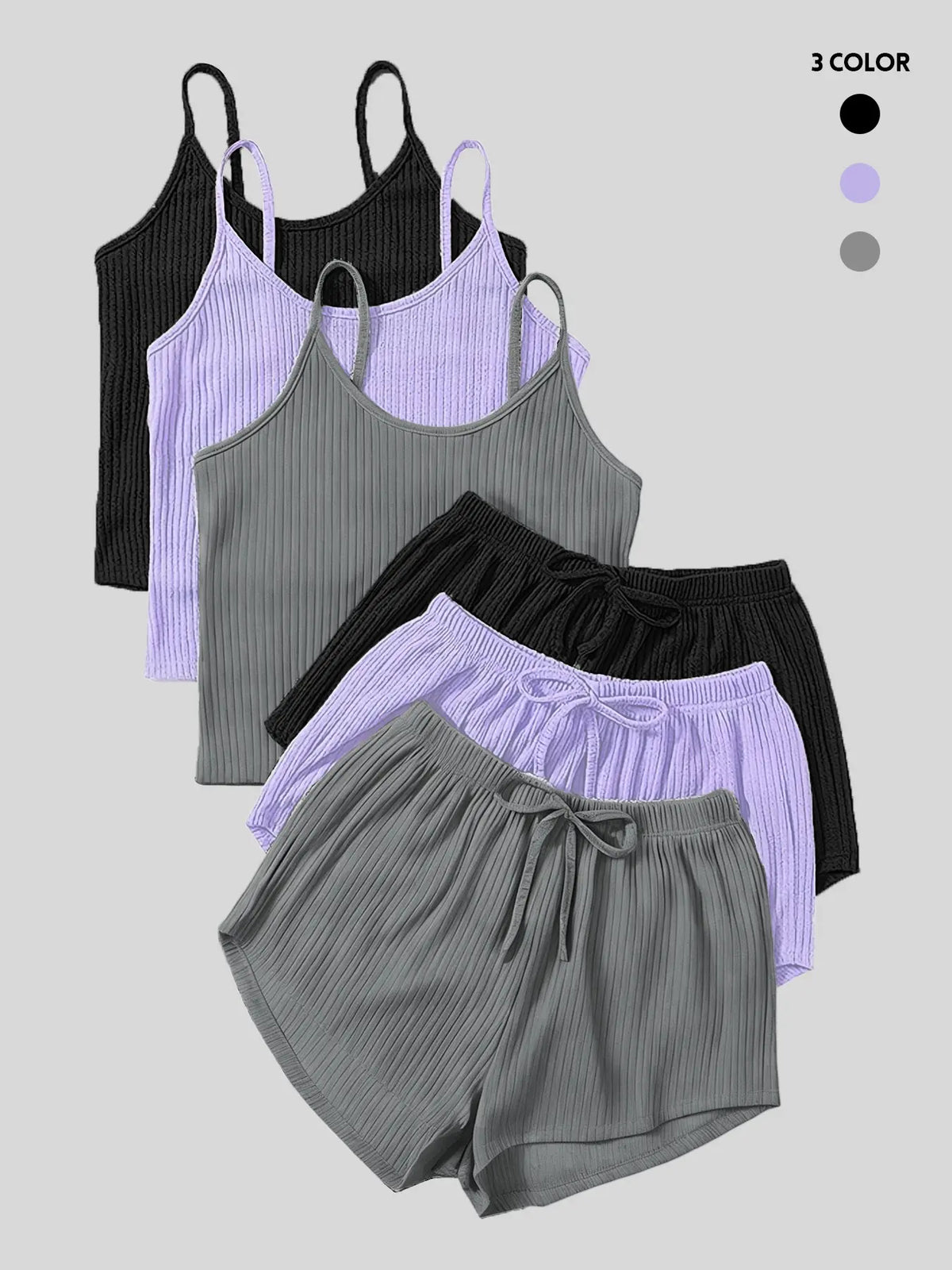 Six-Piece Set Women's Basic Plain Fitted Ribbed Shorts Set, Casual Feminine Soft Spaghetti Strap Cami Top & Elastic Waist Shorts Set, Summer Clothes, Cute Summer Outfit for Outdoor Holiday