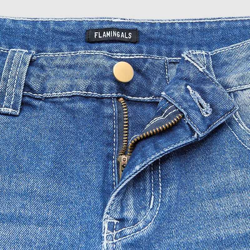 Flamingals Wash Multi Pocket Mid Rise Straight Leg Jeans Women's Fashion Casual Comfort 30.1" Inseam