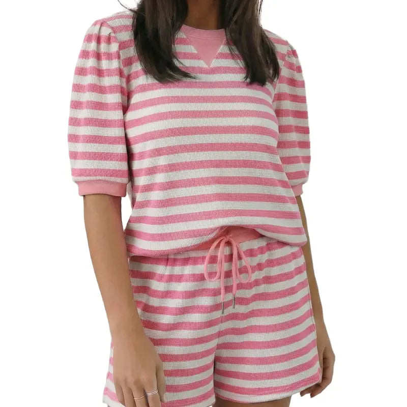 Asvivid Women's Stripe Puff Short Sleeve T Shirt Top and Drawstring Elastic Waist Short Matching Shorts Set Casual Cute Spring Clothes Summer Outfits
