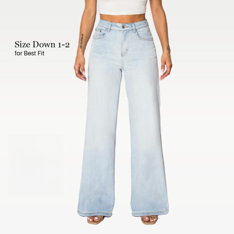 Sofia CANANA Women Super Stretchy High Rise Wide Leg Jeans Minimalist Comfort Denim Pants Tummy Control BBL Regular Size Plus Size