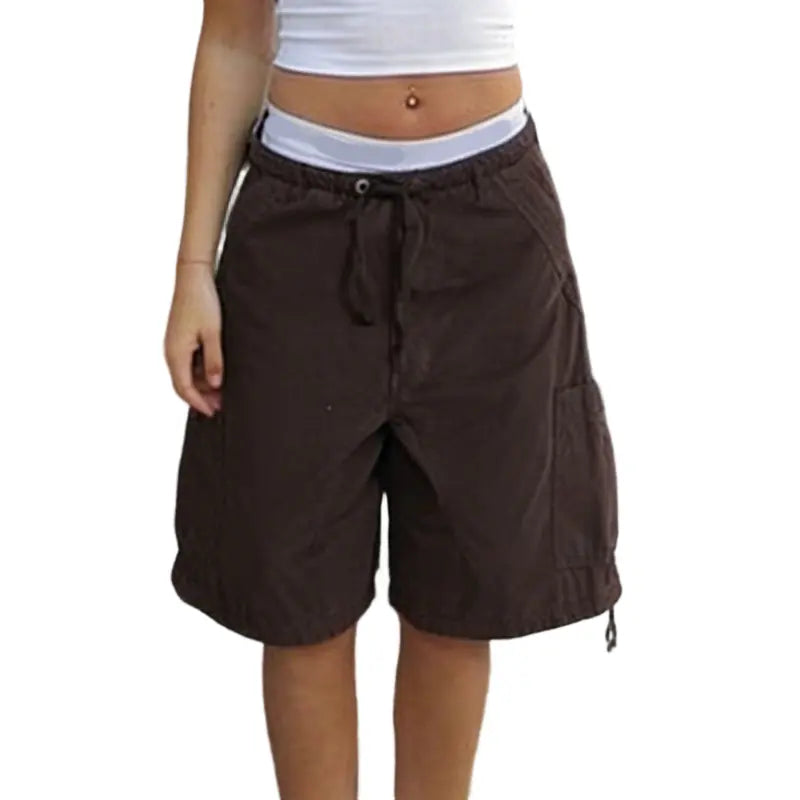 Women Fashion Denim Shorts Solid Color Six Pockets Drawstring Elastic Waist Jeans Shorts Summer Oversized Cargo Shorts