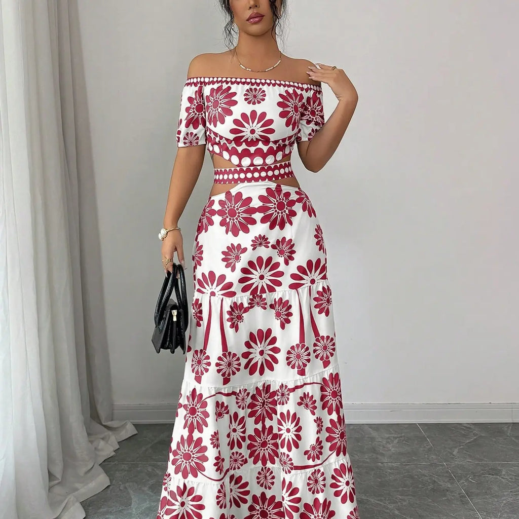 Women's Floral Off-Shoulder Short Sleeve Hollow Out Waist Fashion Chic Dress, Tropical Vacation Women's Dress, Long Dress for Summer, Floral Woven Dress