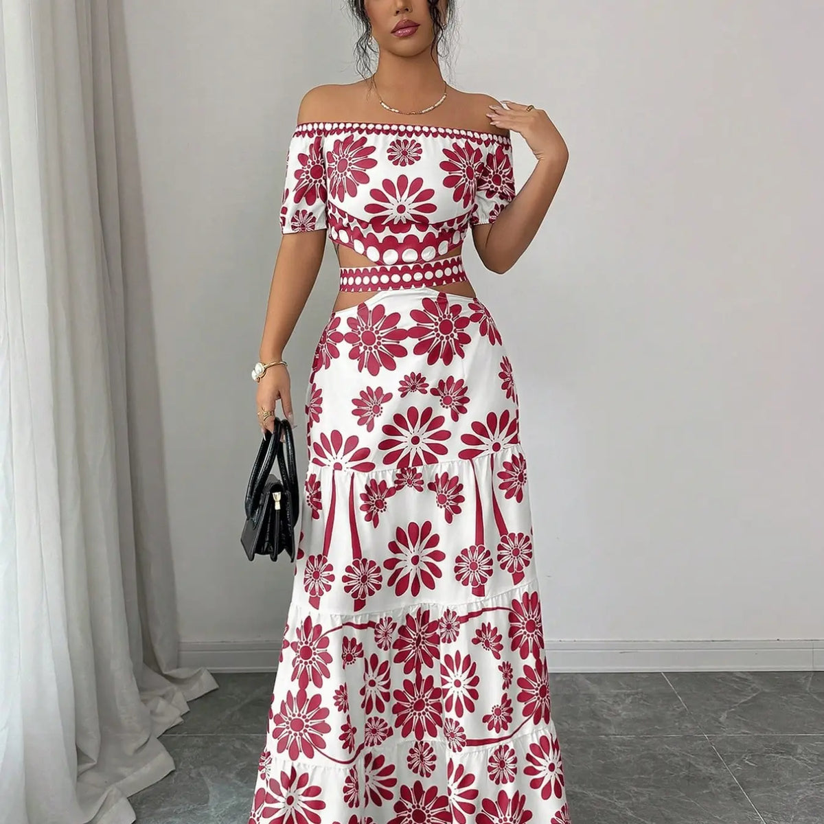 Women's Floral Off-Shoulder Short Sleeve Hollow Out Waist Fashion Chic Dress, Tropical Vacation Women's Dress, Long Dress for Summer, Floral Woven Dress
