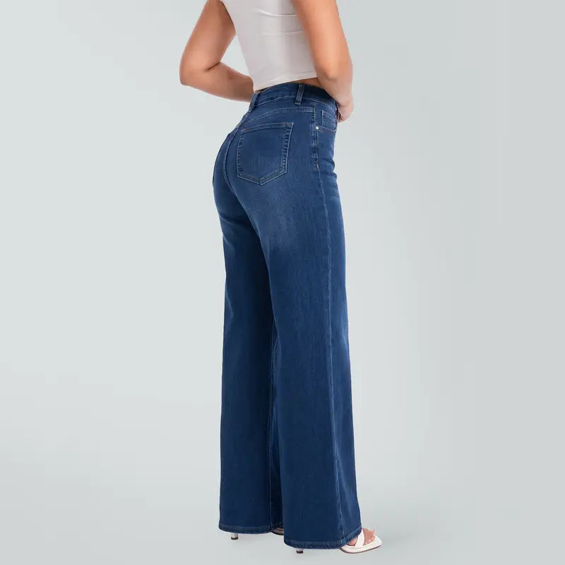 CANANA Women Super Stretchy High Rise Wide Leg Jeans Minimalist Comfort Denim Pants Tummy Control BBL Regular Size Plus Size Spring Fashion Daily Outfits Pockets One Size Down For Best Fit