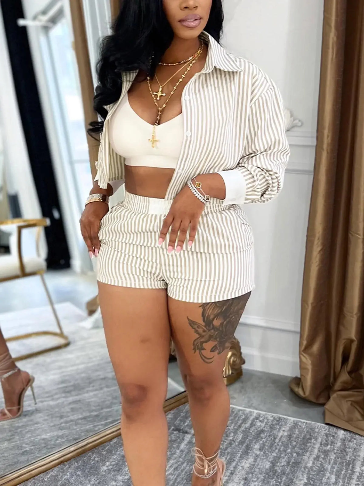 Women's Striped Print Button Long Sleeve Shirt and Shorts, Collared Fitted Top and Shorts for Daily Wear, Ladies Two-Piece Outfit for Spring and Summer, Casual Fashion Matching Set, Womenswear
