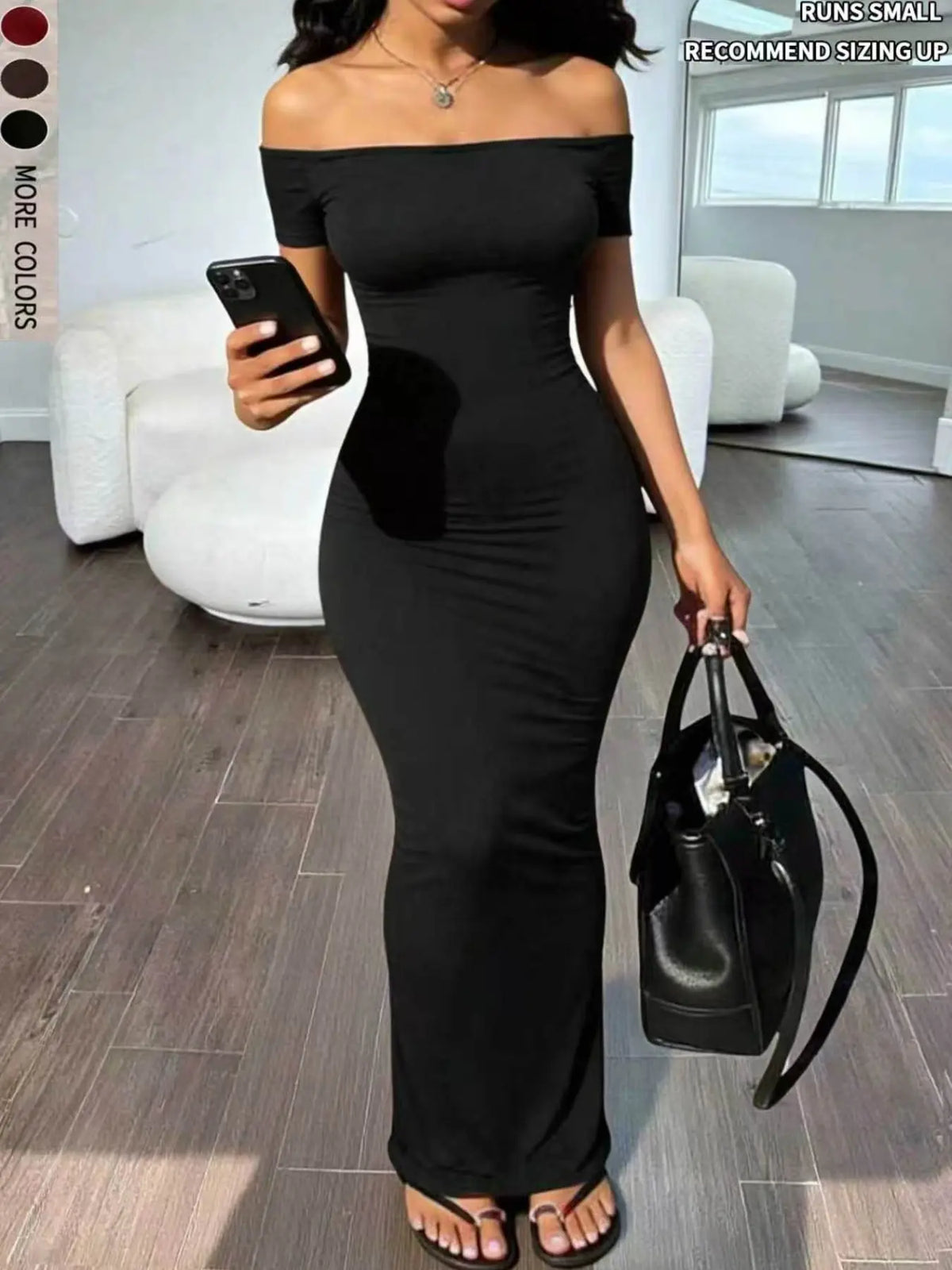 Elegant One-Shoulder Short Sleeve Dress, Bodycon Waist Cinched Ruched Bodycon Long Skirt, Perfect for Daily Wear, Dates, Street Style