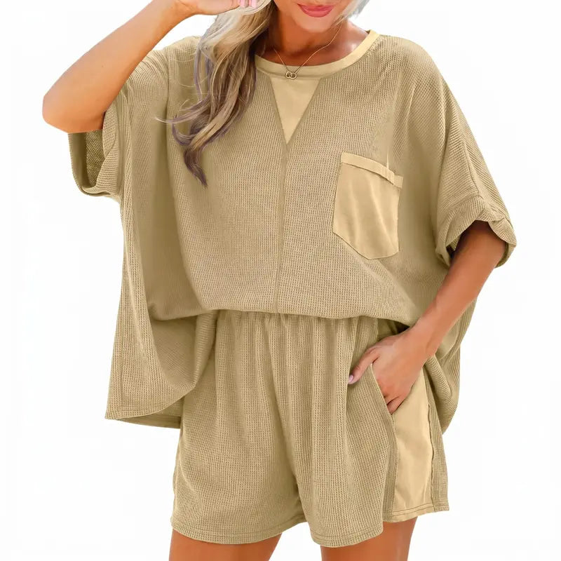 Imily Bela Womens Summer Waffle Knit 2 Piece Outfits Oversized T Shirt Casual Shorts Loungwear Short Sets