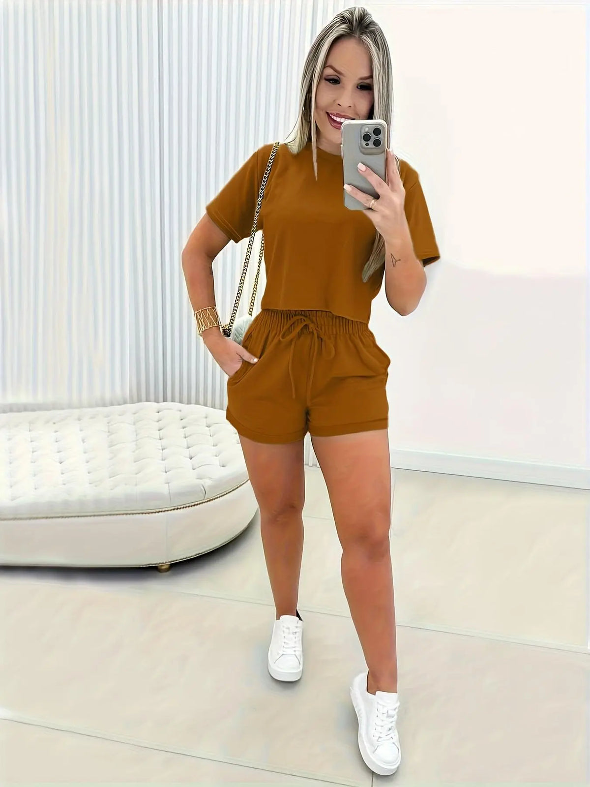 Two-Piece Set Women's Solid Color Short Sleeve Crop Jersey Tee & Elastic Waist Tie Front Shorts Set, Casual Round Neck T-Shirt & Pocket Shorts for Summer, Summer Outfits 2026, Ladies Clothes for Daily Wear, Two Pieces Outfits