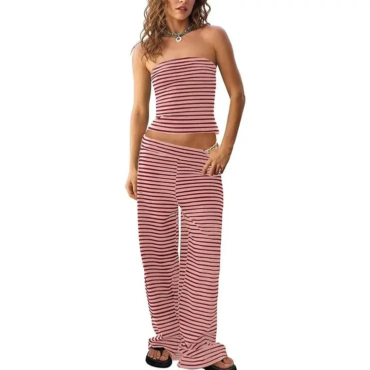 TANKANEO Women's 2-Piece Striped Trendy Clothing Set - Cute Slim Y2K Strapless Tube Top & Wide Leg Pants, Comfortable Casual Spring Summer Outfits (Cute Clothes, Casual Women's Set)