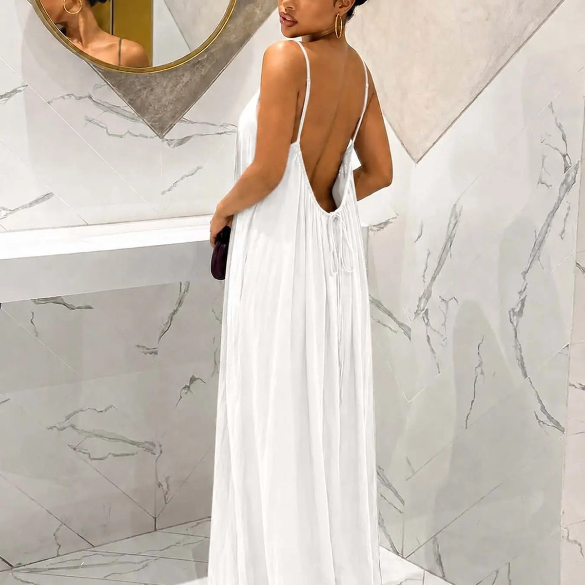 Women's Plain Ruched Pleated Backless Dress, Long Bohemian Style Fitted Sleeveless Party Gown for Spring & Fall, Elegant Casual Design, Perfect for Everyday Wear, Elegance, Basic