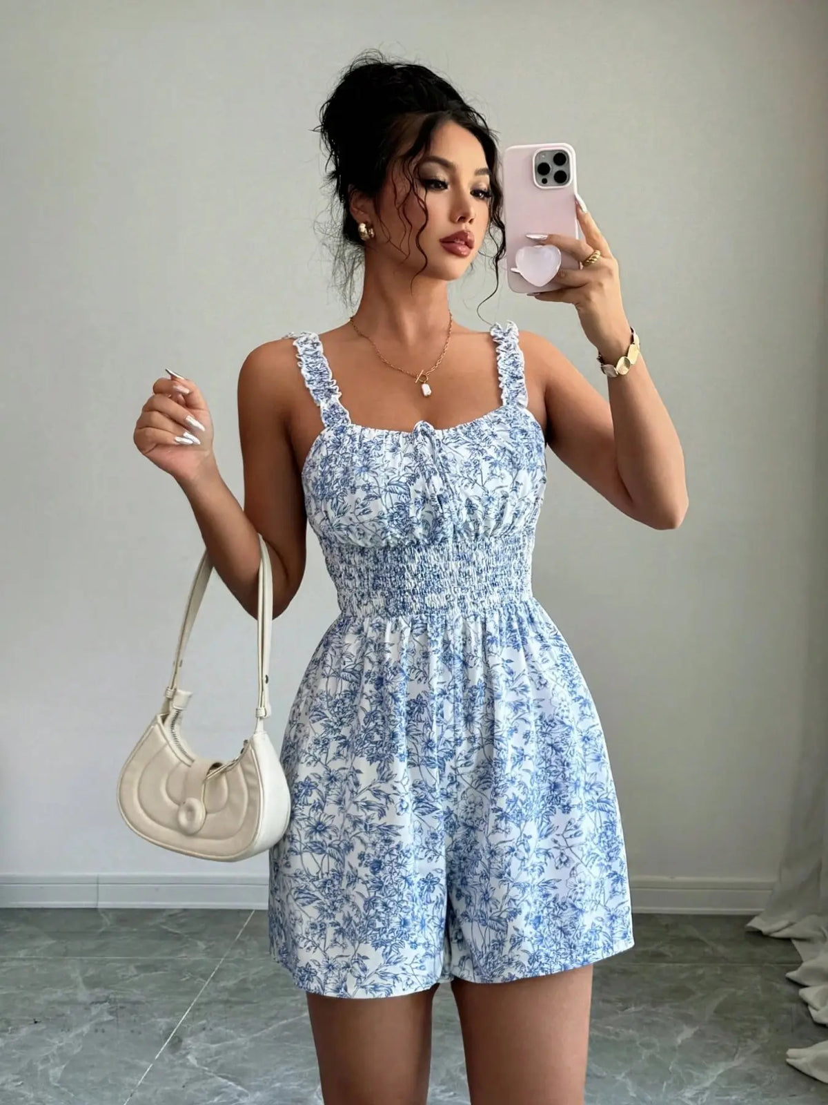 Printed Plant Ruffle Trim Halter Neck Elastic Waist Romper Stylish and Comfortable One-Piece, Perfect for Everyday Casual Wear Ruffled Romper