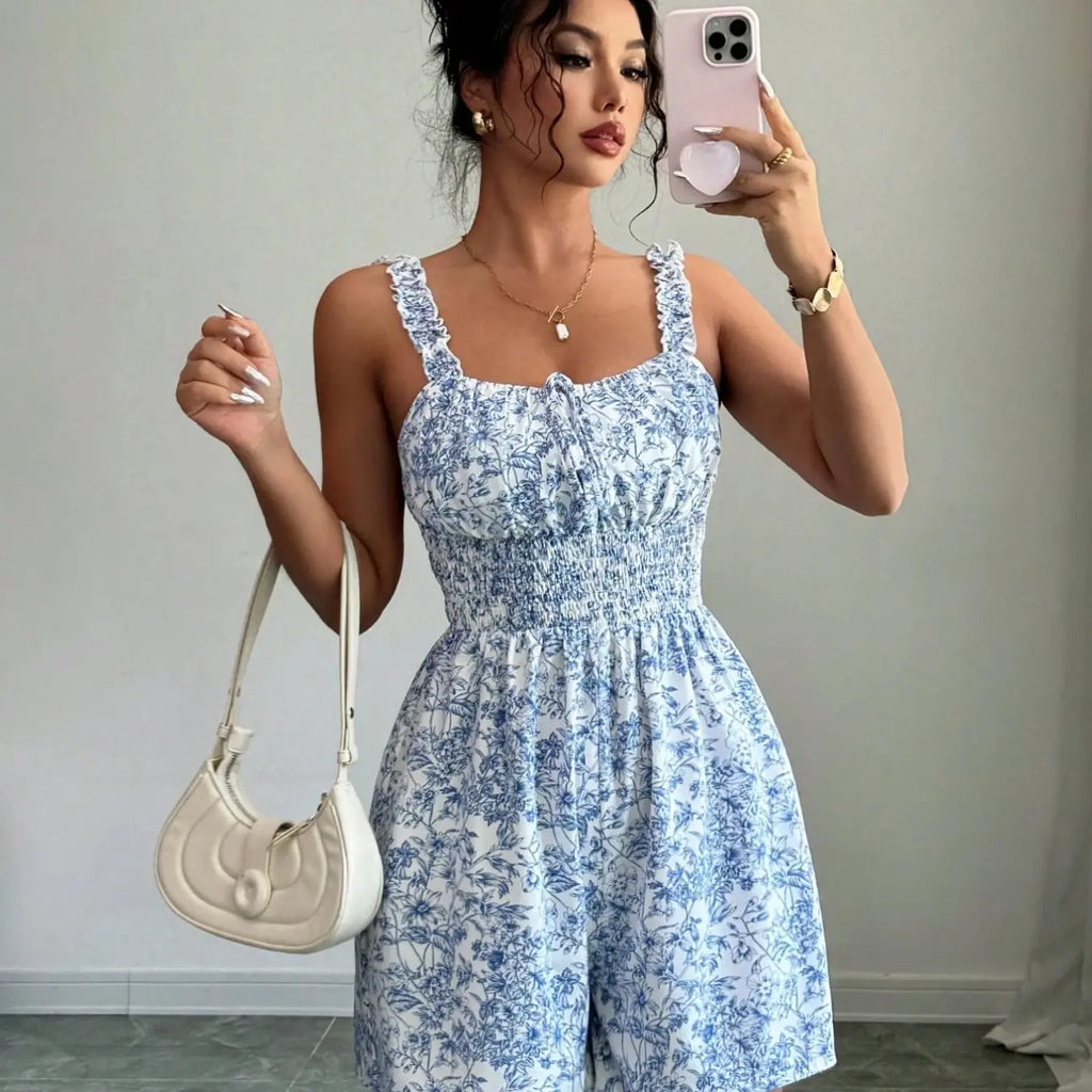 Printed Plant Ruffle Trim Halter Neck Elastic Waist Romper Stylish and Comfortable One-Piece, Perfect for Everyday Casual Wear Ruffled Romper