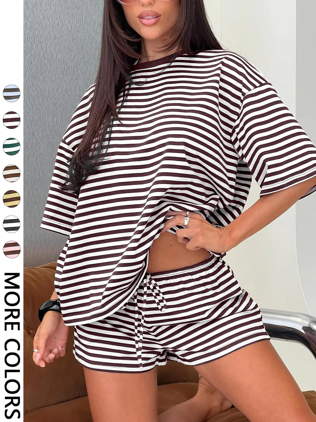 Women's Striped 2 Piece Outfit Women | Oversized T-Shirt + Drawstring Shorts | Soft Casual Lounge Set | Y2K Clean Girl Style for Daily Home Vacation Wear Shorts Matching Set