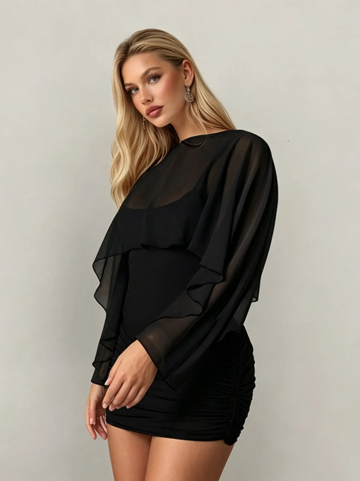 Women's Ruched Backless Dress & Mesh Cape Set for Vacation & Leisure Outing, Sleeveless Elegant Bodycon Dress