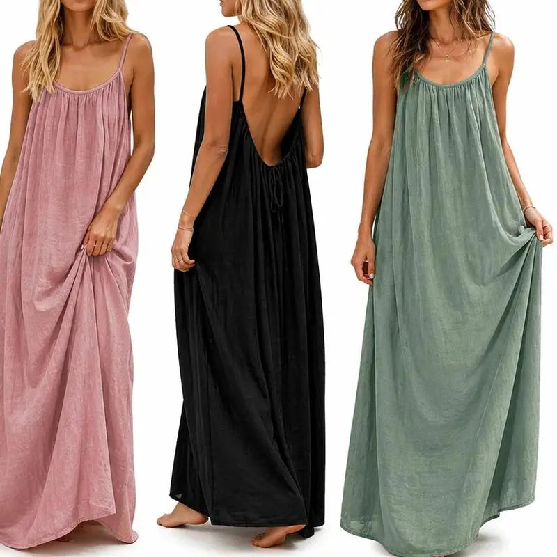 Women’s Backless Maxi Dress Spaghetti Strap Loose Flowy Summer Beach Vacation Dress