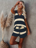 Women's Two-Piece Set, Elegant Sleeveless V-Neck Colorblock Knit Vest and Shorts, Casual Beach Vacation, Summer Daily Wear, Knit Outfit Set